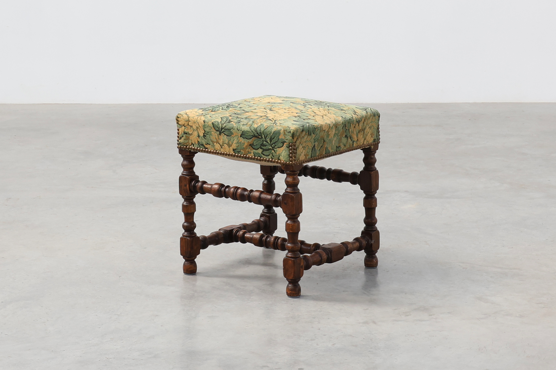 Louis XIII‑Style Walnut Stool with Floral Tapestry Seat, France, circa 1840thumbnail